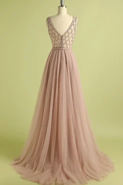 Pink Tulle A Line Princess Prom Dress with Beading