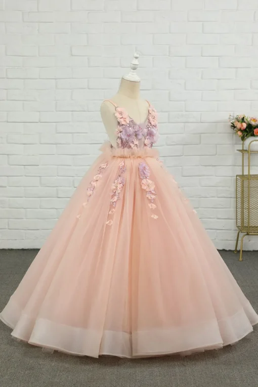 Pink Tulle Spaghetti Straps Flower Girl Dress