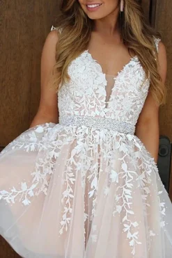 Pink V Neck A Line Graduation Dress