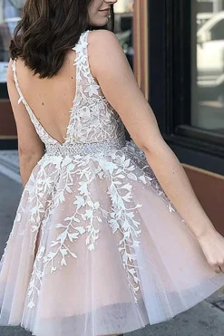 Pink V Neck A Line Graduation Dress