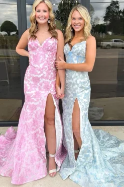 Pink V Neck Floral Mermaid Long Corset Prom Dress with Slit