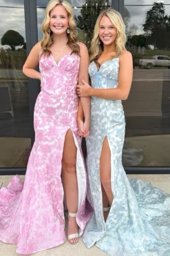 Pink V Neck Floral Mermaid Long Corset Prom Dress with Slit