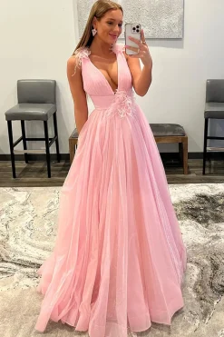 Pink V-Neck Backless Tulle Long Prom Dress