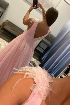 Pink V-Neck Backless Tulle Long Prom Dress