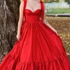Pleated Red A Line Long Ball Prom Dress