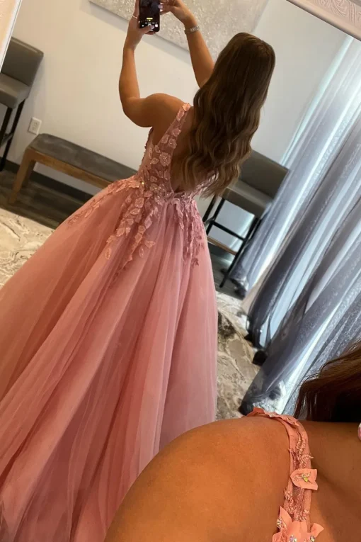 Princess A Line Deep V Neck Blush Long Prom Dress with Appliques