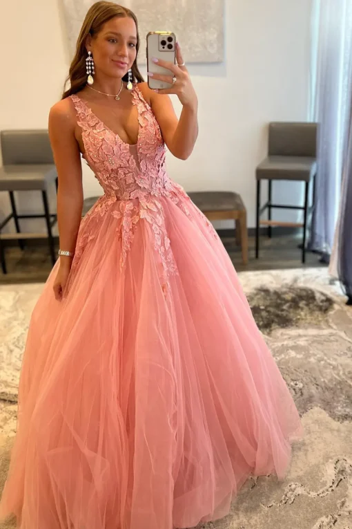 Princess A Line Deep V Neck Blush Long Prom Dress with Appliques
