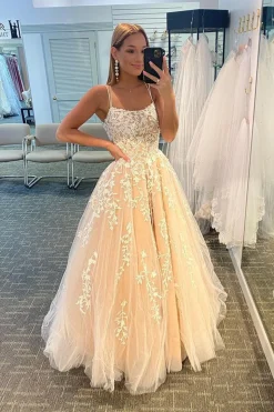 Princess Champagne Spaghetti Straps Prom Dress