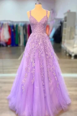 Princess Lavender A Line Prom Dress with Appliques