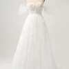 Princess Off The Shoulder Sweep Train Tulle Corset Wedding Dress with Appliques