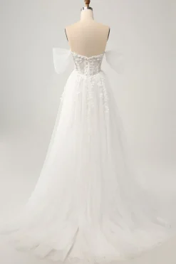 Princess Off The Shoulder Sweep Train Tulle Corset Wedding Dress with Appliques