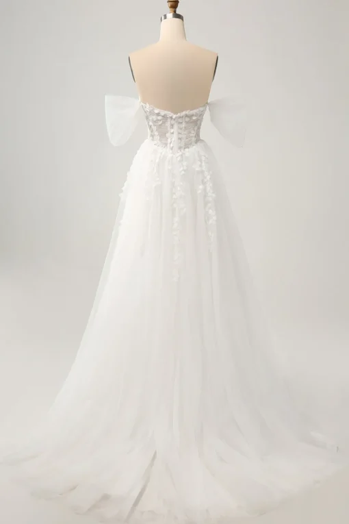 Princess Off The Shoulder Sweep Train Tulle Corset Wedding Dress with Appliques