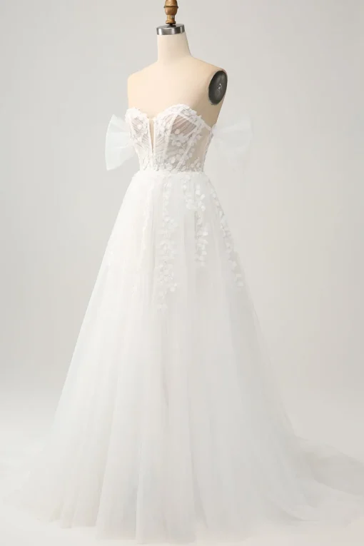 Princess Off The Shoulder Sweep Train Tulle Corset Wedding Dress with Appliques