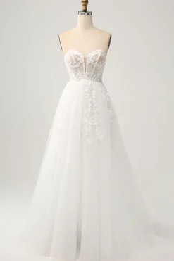 Princess Off The Shoulder Sweep Train Tulle Corset Wedding Dress with Appliques