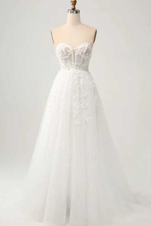 Princess Off The Shoulder Sweep Train Tulle Corset Wedding Dress with Appliques