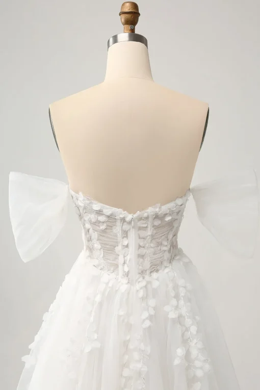 Princess Off The Shoulder Sweep Train Tulle Corset Wedding Dress with Appliques
