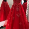 Princess Red A Line Beading Prom Dress with Appliques
