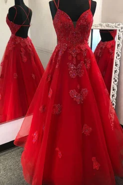 Princess Red A Line Beading Prom Dress with Appliques