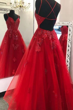 Princess Red A Line Beading Prom Dress with Appliques