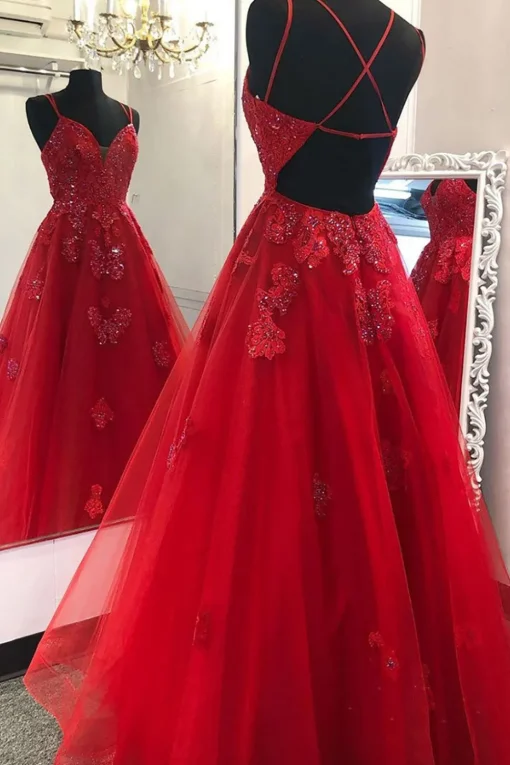 Princess Red A Line Beading Prom Dress with Appliques