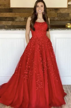 Princess Red Spaghetti Straps Prom Dress