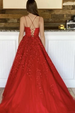 Princess Red Spaghetti Straps Prom Dress