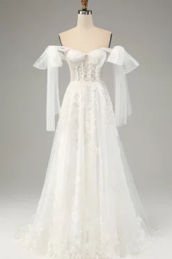 Princess White A-Line Lace Up Tulle Corset Wedding Dress with Appliques Lace