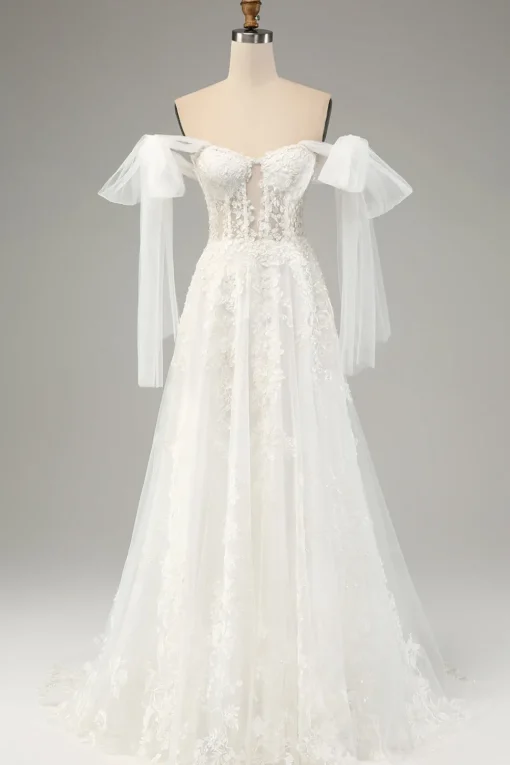 Princess White A-Line Lace Up Tulle Corset Wedding Dress with Appliques Lace