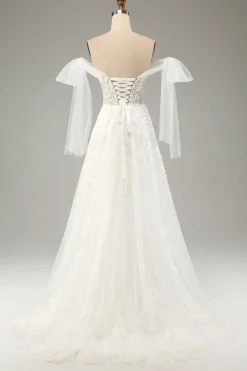 Princess White A-Line Lace Up Tulle Corset Wedding Dress with Appliques Lace