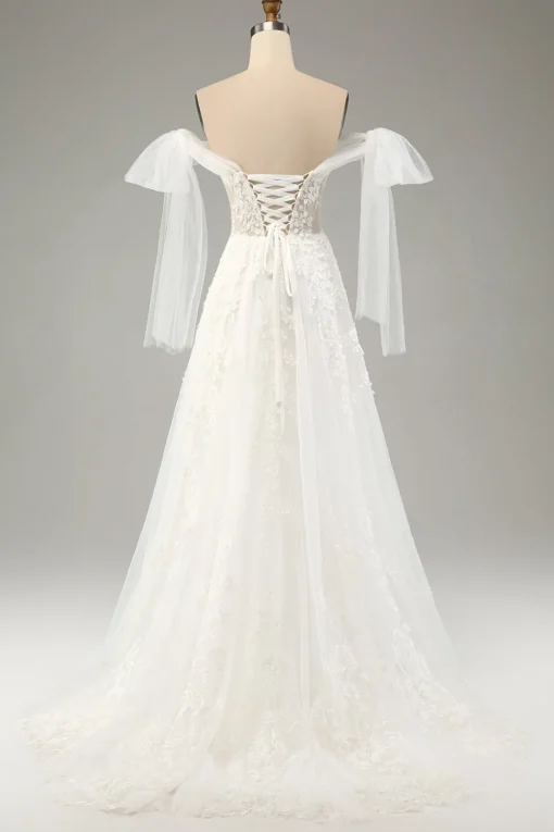Princess White A-Line Lace Up Tulle Corset Wedding Dress with Appliques Lace
