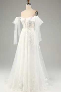 Princess White A-Line Lace Up Tulle Corset Wedding Dress with Appliques Lace