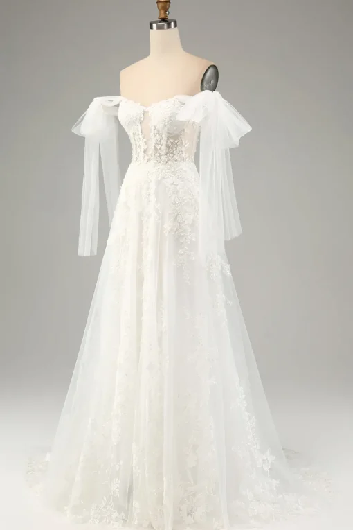 Princess White A-Line Lace Up Tulle Corset Wedding Dress with Appliques Lace