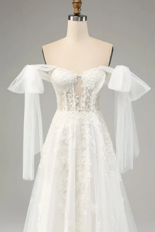 Princess White A-Line Lace Up Tulle Corset Wedding Dress with Appliques Lace
