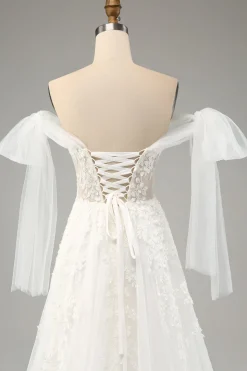 Princess White A-Line Lace Up Tulle Corset Wedding Dress with Appliques Lace