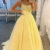 Princess Yellow Appliques Spaghetti Straps Prom Dress