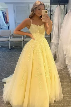 Princess Yellow Appliques Spaghetti Straps Prom Dress
