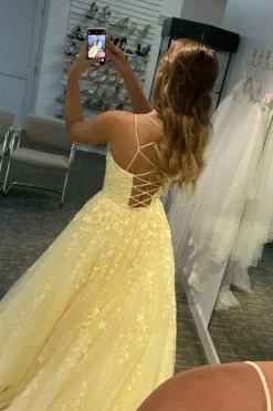 Princess Yellow Appliques Spaghetti Straps Prom Dress