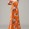 Printed Orange Flower Mermaid Bridesmaid Dress