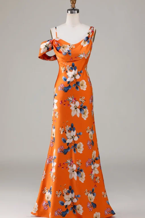 Printed Orange Flower Mermaid Bridesmaid Dress