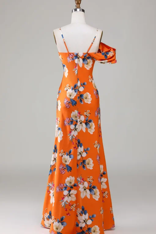Printed Orange Flower Mermaid Bridesmaid Dress