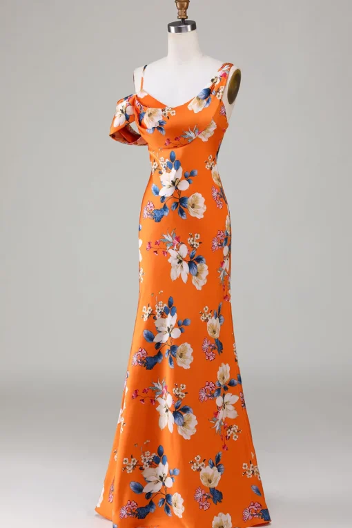 Printed Orange Flower Mermaid Bridesmaid Dress