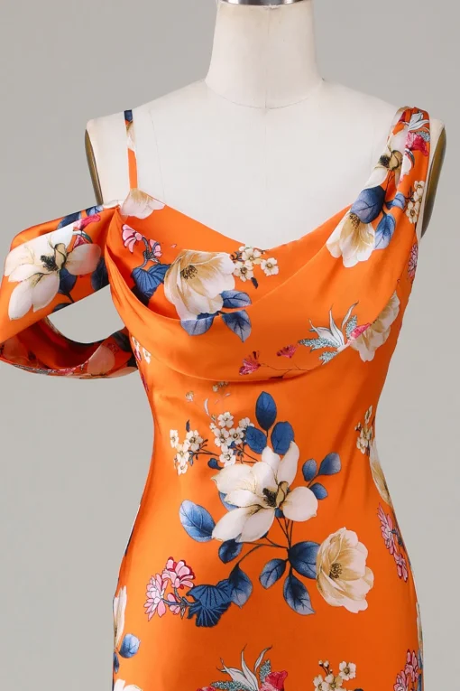 Printed Orange Flower Mermaid Bridesmaid Dress
