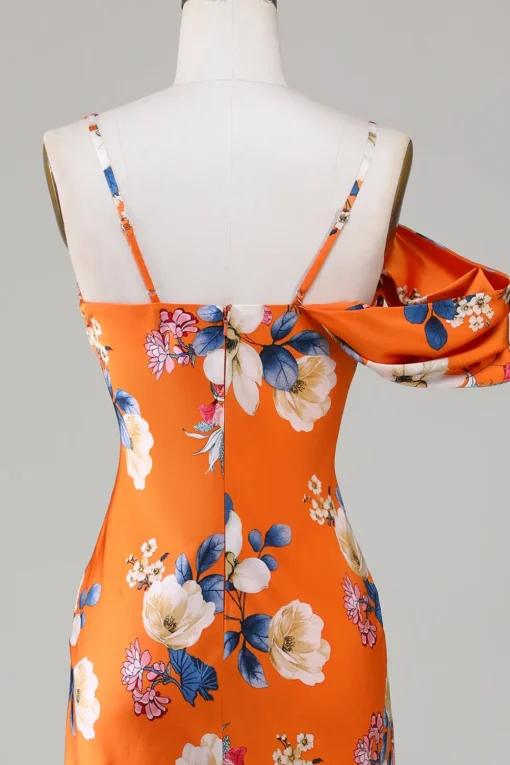 Printed Orange Flower Mermaid Bridesmaid Dress