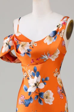 Printed Orange Flower Mermaid Bridesmaid Dress