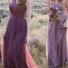 Purple A Line Convertible Wear Chiffon Bridesmaid Dress with Pleated