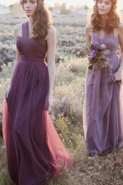 Purple A Line Convertible Wear Chiffon Bridesmaid Dress with Pleated