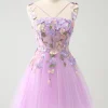 Purple A Line Halter Flowers Tulle Short Homecoming Dress