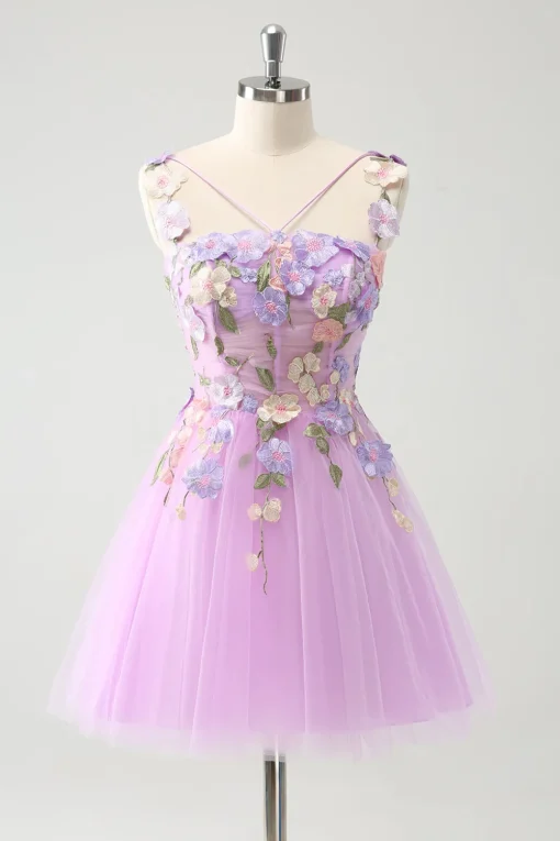 Purple A Line Halter Flowers Tulle Short Homecoming Dress