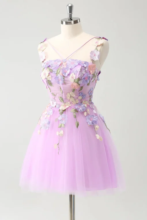 Purple A Line Halter Flowers Tulle Short Homecoming Dress