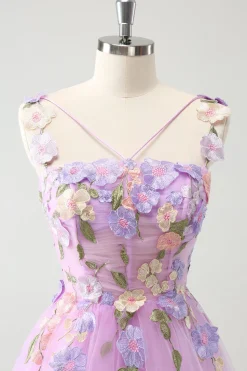Purple A Line Halter Flowers Tulle Short Homecoming Dress